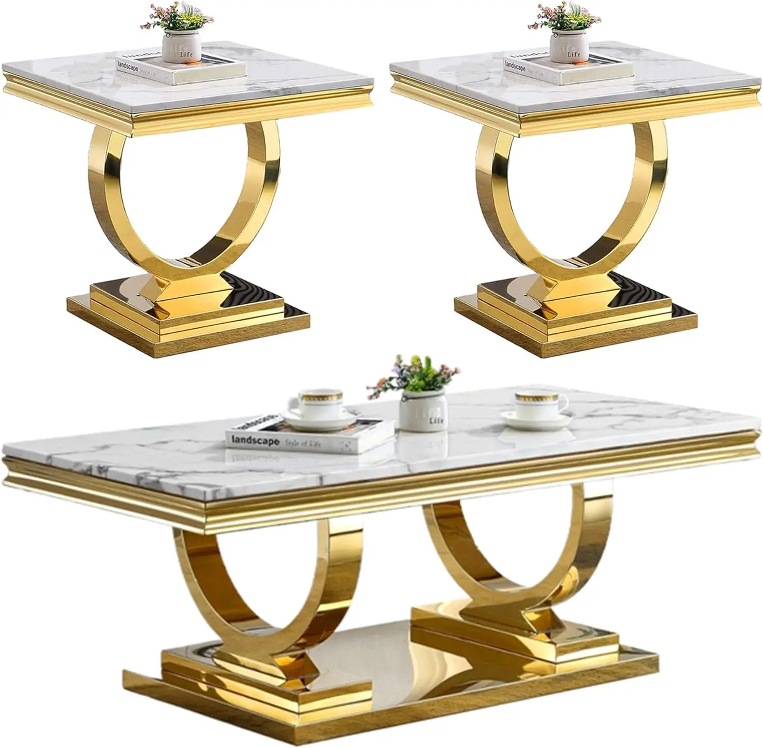 

3 Piece White Faux Marble Coffee & End Table Set Gold O-Shape Stainless Steel Frame Home Office, Customized