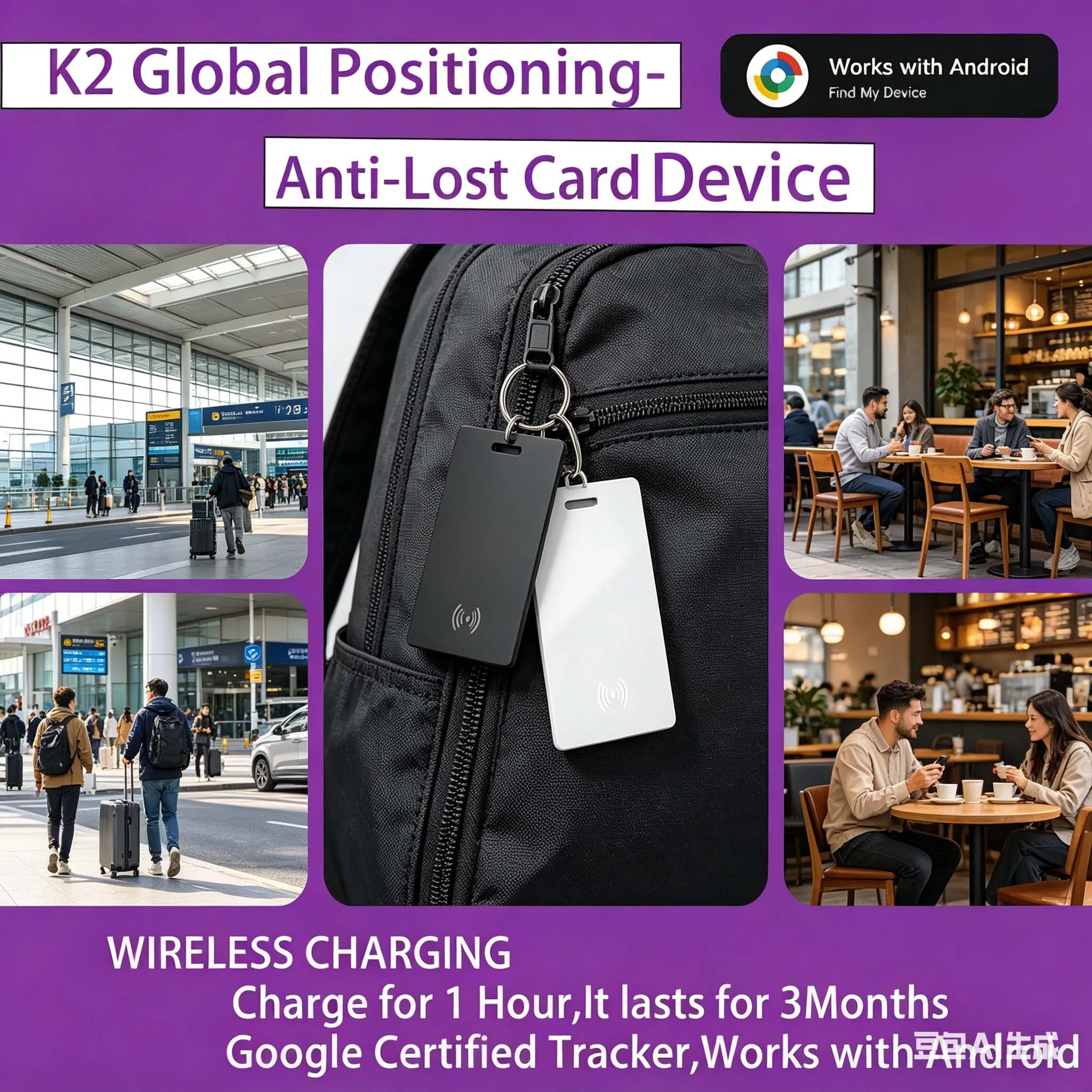 GPS Tracker Card for Android ，Wireless Charging IP67 Waterproof Locator, Compatible with Google Find My/AirTag, Real-Time