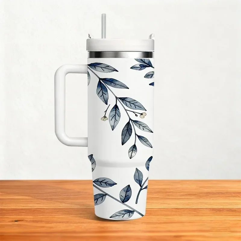 Seamless Blue White Watercolor Branch & Leaf Pattern 40oz Stainless Steel Insulated Tumbler, Delicate Floral Digital Print Portable Drink Cup, Ideal for Daily Commute & Outdoor Hydration