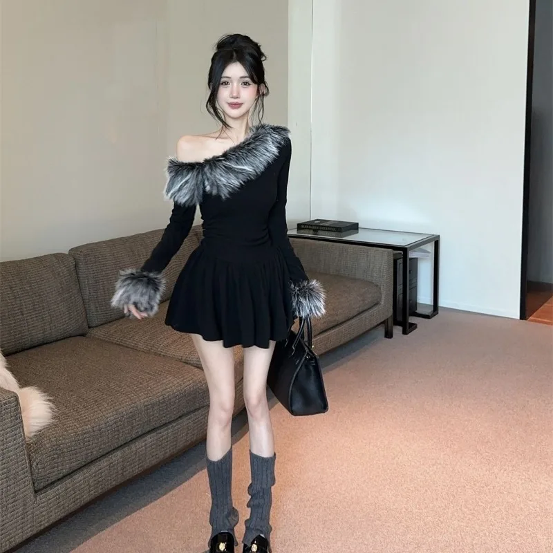 Maillard's Fur Collar Off-the-shoulder Dress Women in Autumn Winter Pure and Sexy One-shoulder Pleated Skirt with Cinched Waist