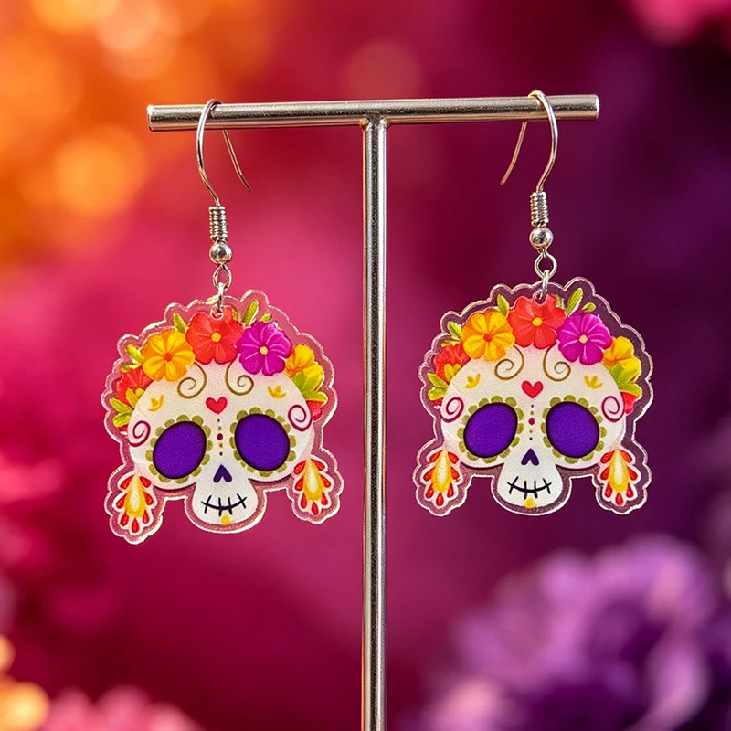 New Cute Flower Candy Skull Acrylic Earrings Stainless Steel Earrings Gothic Day of the Dead Festival Decoration