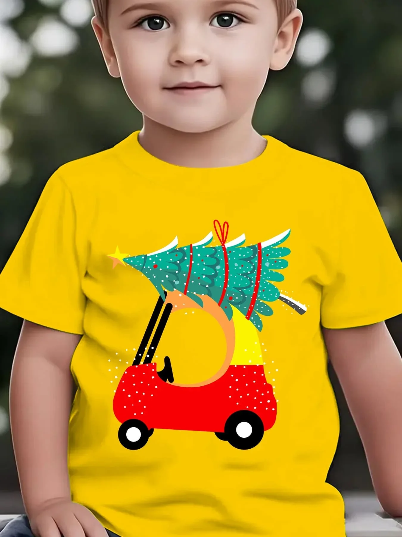 Toddler Crew Neck Holiday T Shirt Cartoon Red Car Transporting Christmas Tree Print Kids Short Sleeve Casual Xmas Top