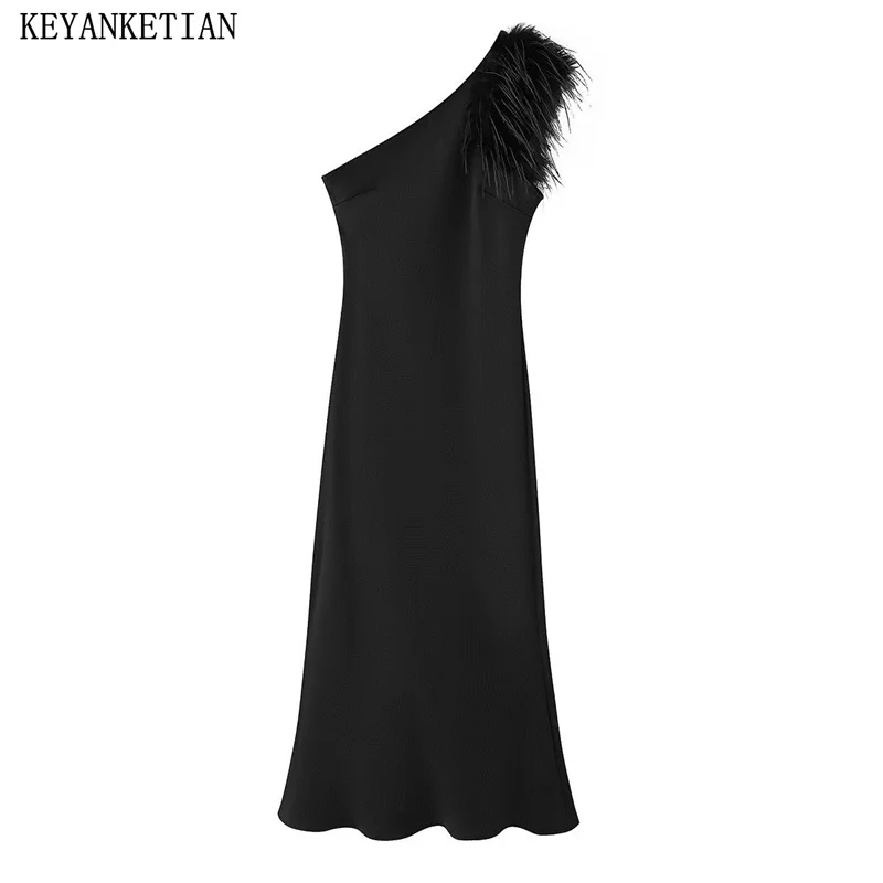 

KEYANKETIAN New Launch Women's Feather decoration One Shoulder Asymmetrical Dress Elegant Slim Black Formal Dress Ankle Dress