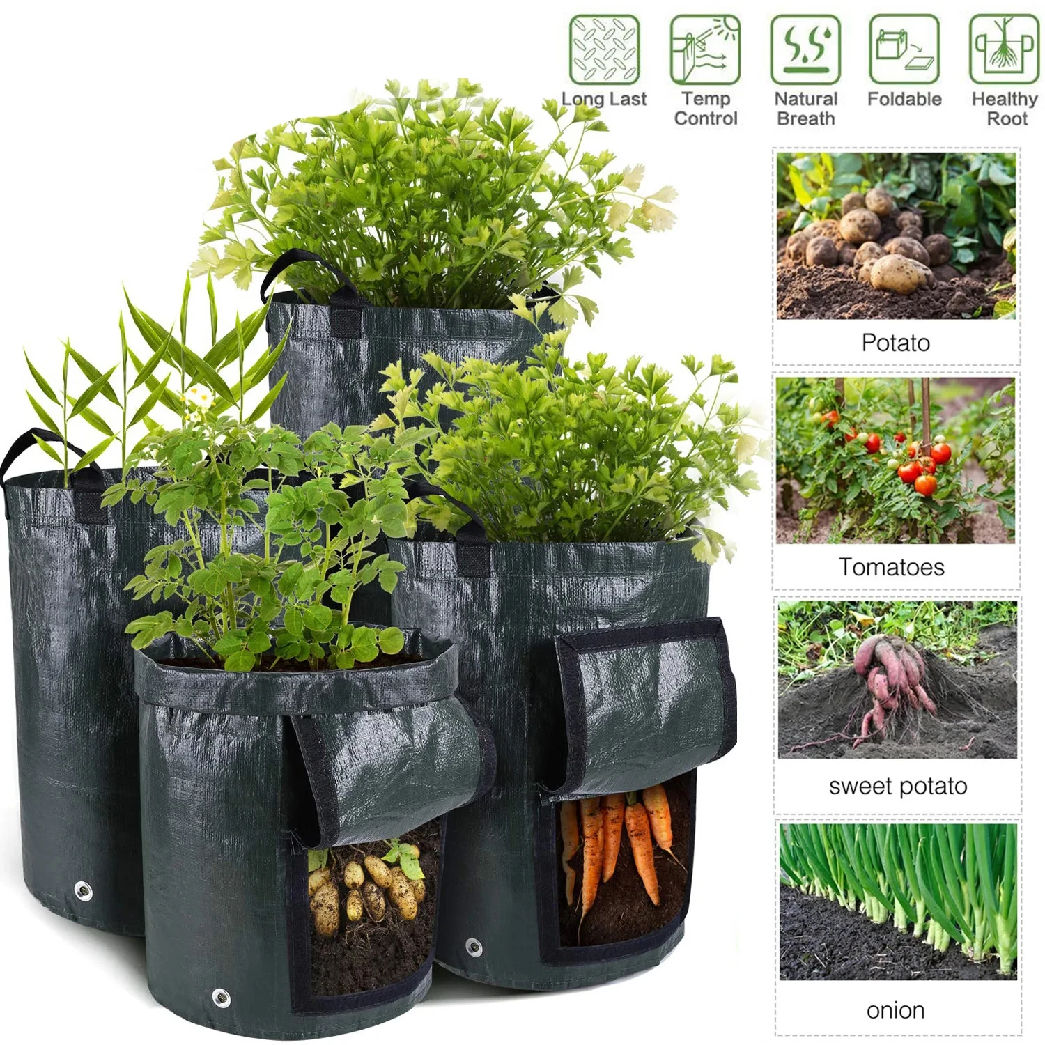 Garden Grow Bags 3/5/7/10 Gallon Potatoes Grow Bags Gardening Plant Growing Bags PE Fabric Carrot Vegetable Planter Container