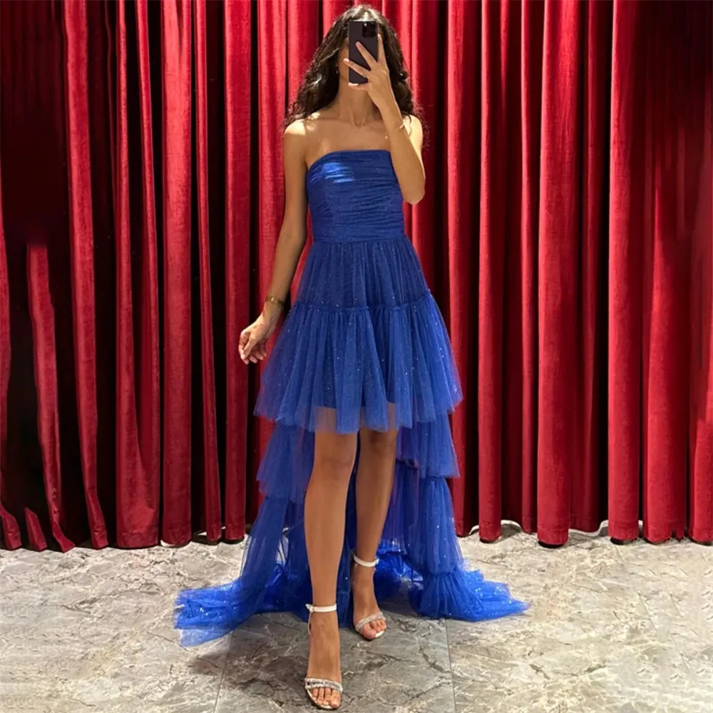 

Saudi Arabia Glitter High / Low Prom Dresses Blue Off Shoulder Tiered Ruffles Pageant Evening Female Formal Banquet Party Dress