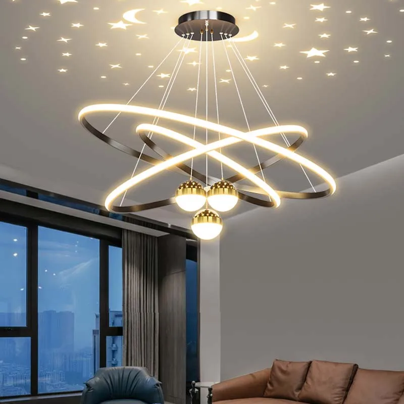 

New living room chandelier modern simple atmosphere circle LED lights light luxury star top bar restaurant lamps and lanterns