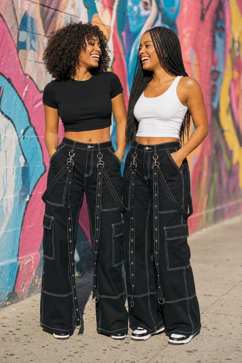 Fashion Cargo Denim Pants Women Grommet Straps Ribbon Button Fly High Waist Pockets Casual Jeans Trousers Streetwear Bottoms