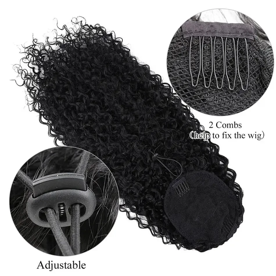 Deep Wave Drawstring Ponytail Human Hair Ponytails #1B Natural Black Curly Clip In Hair Extensions For Daily Cosplay 1 Pieces