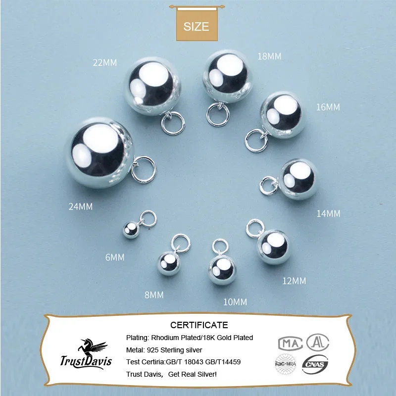 TrustDavis Real 925 Sterling Silver 5 6 7 8 10 12 16 18 20 22 24mm Ball Beads Pendant Handmade DIY Accessories Jewelry HY952