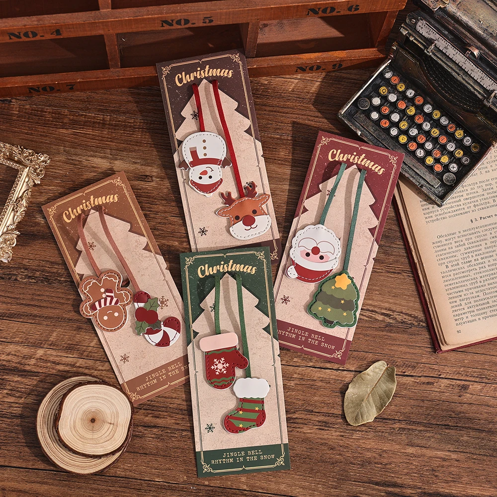 1 Pack Santa Claus Bookmark PU Leather with Snowman Christmas Tree For Book Lovers Students 2-in-1 Page Marker Bag Decor