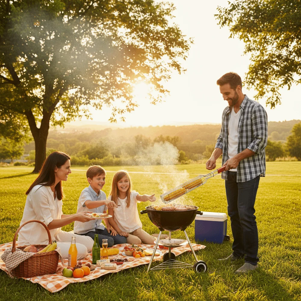 Grillrost mit Holzgriff, Antihaftbeschichteter Tragbarer Grillkorb, Netz-Clip für Würstchen, BBQ-Grillkorb für Picknick und Grillen – Detail 4
