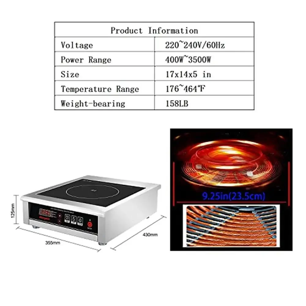 3500W Commercial Induction Cooktop Hot Plate Kitchen Restaurants Single Burner Even Heating 17 Power Settings Fast