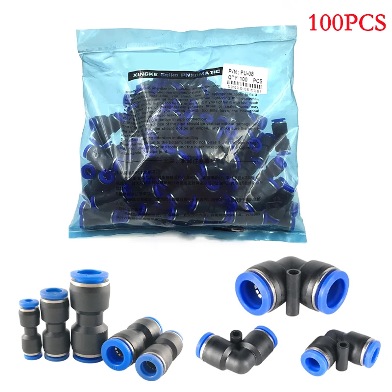 100/50PCS PU PV type 90 Degree 2way Pipe Connector Pneumatic Fitting Plastic 4mm 6mm 8mm Staght Push In Quick Slip Lock Fittings