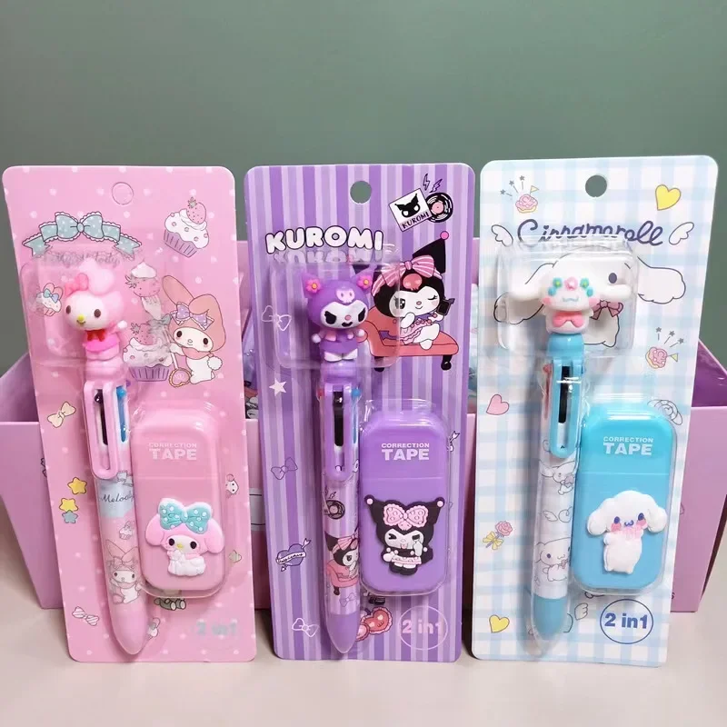 2Pcs/Set 6 Multicolored Pens correction tape Sanrio mymelody Kuromi Cinnamoroll Kawaii bear Cartoon Ballpoint Pen School Supply