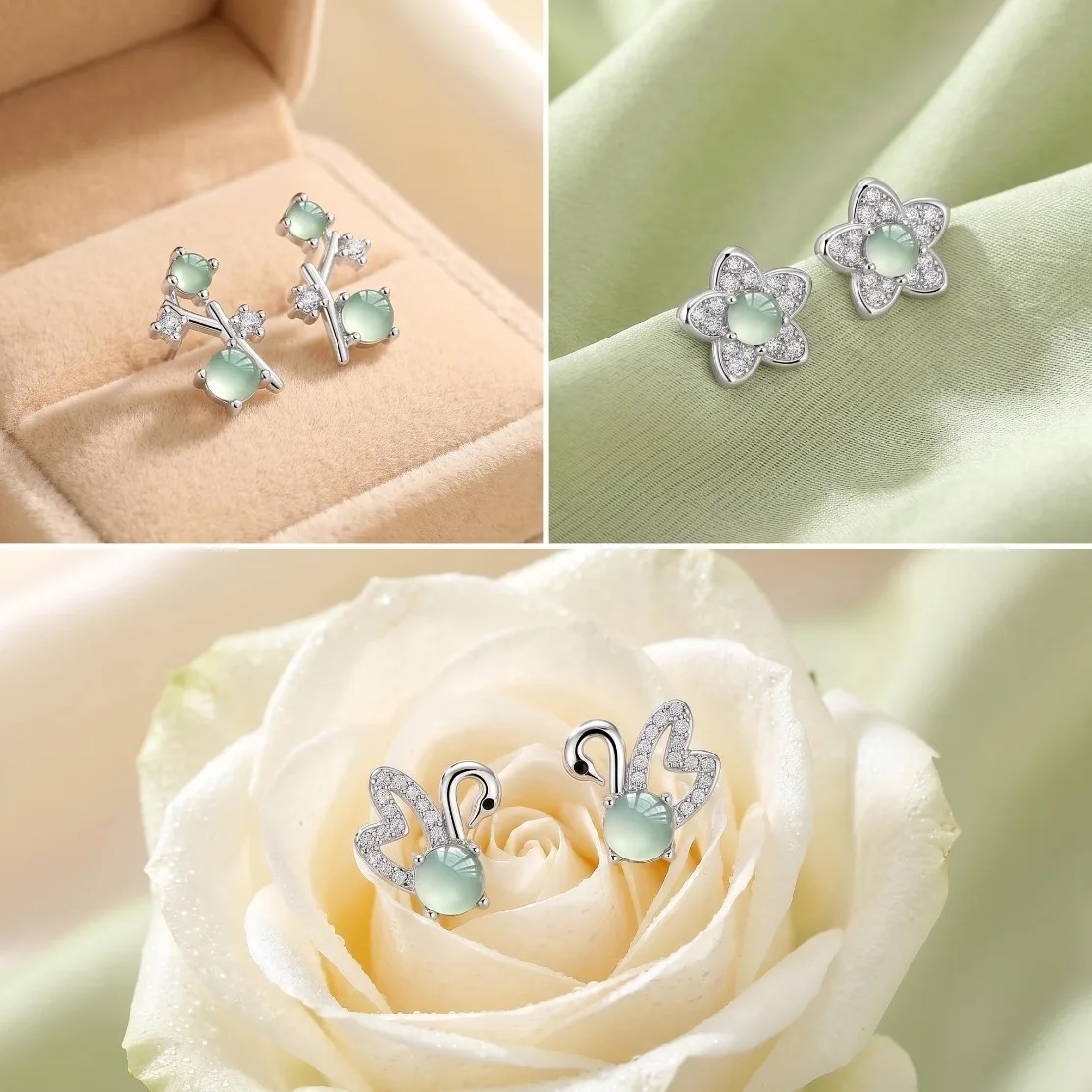 Grade A Jadeite Stud Earrings Natural Real Jade 925 Silver Paved Zircon Comfortable Fit Ear Jewelry Charm Gifts for Girl Women