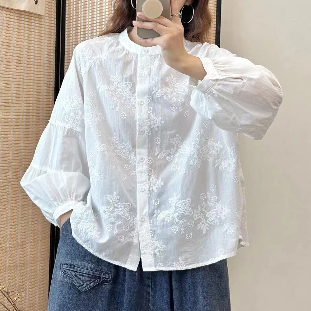 

Japanese Sweet Mori Girl Solid Color Embroidery 100% Cotton Shirts Women Autumn Stand Collar Long Sleeve Casual Loose Blouse