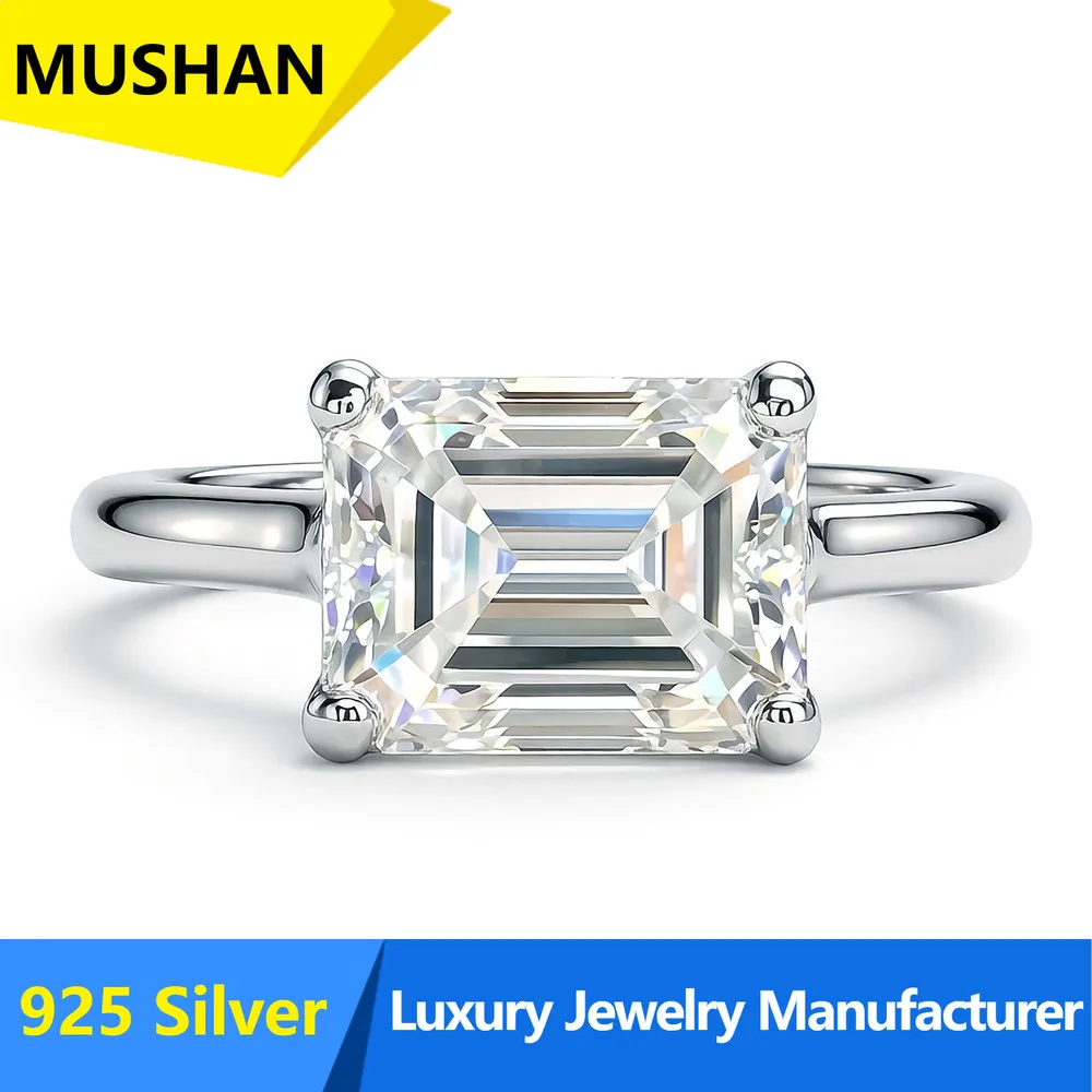 MUSHAN Luxury 925 Sterling Silver Jewelry Moissanite Diamond Rings 3ct 7*9mm Rectangular Emerald Cut 925 Sterling Silver Ring
