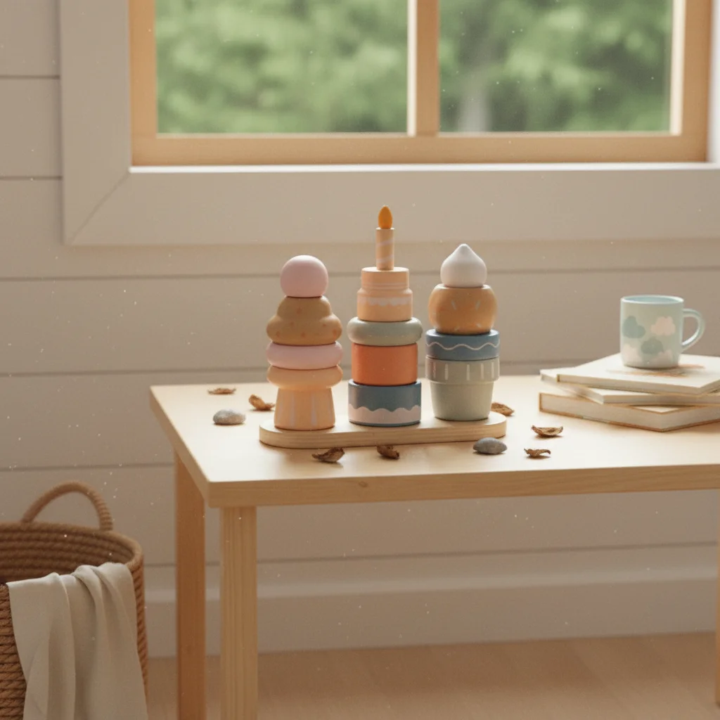 Wooden Dessert Stacker Stackable Wooden Ice Cream Toy Pretend Cake Toy Colorful Cake Playset Safe Edges for Playroom, Preschool