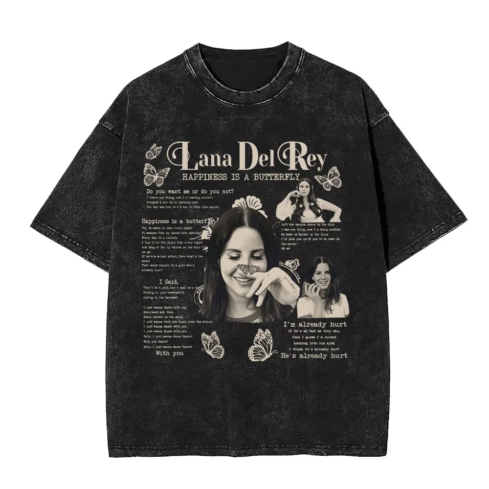 

Singer Lana Del Rey Happiness Is A Butterfly Vintage Washed T-shirt Men Women Fashion Pop Music Short Sleeve T-shirts Streetwear