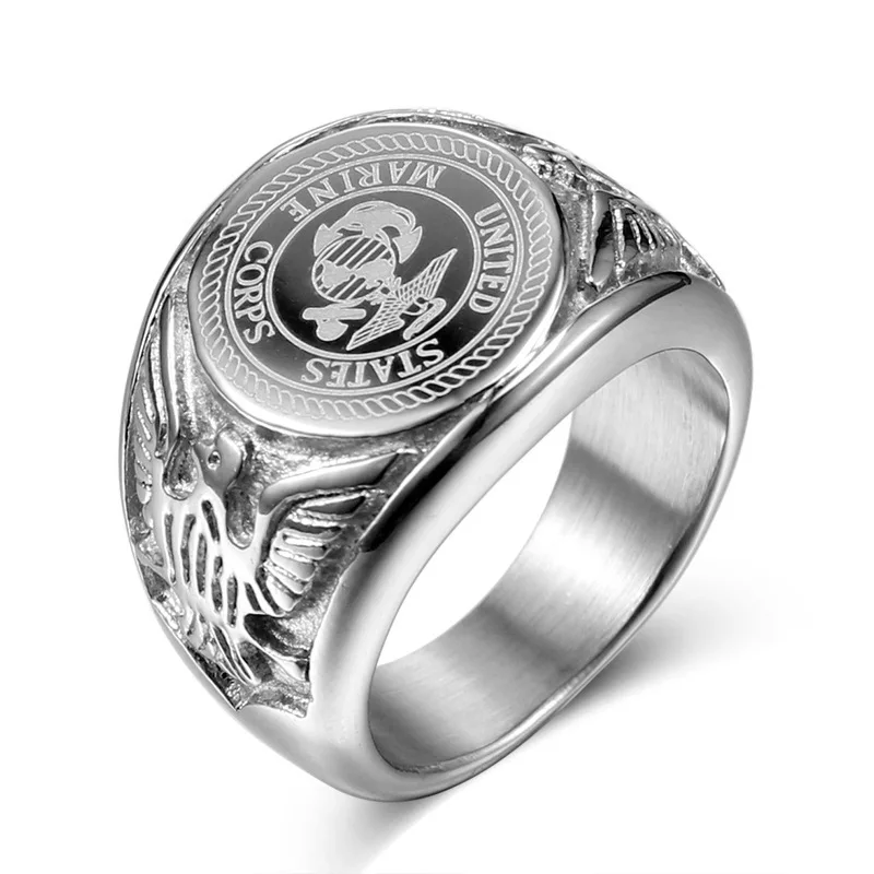 Size 6-14 Punk Rock Titanium Stainless Steel United States Marine Corps Round Finger Rings for Men Jewelry Gold Silver Color