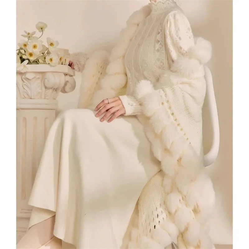 Elegant fur Ball Slimming High-end Knitted Shawl Jacket for Autumn Winter 2025 Solid ColorTourist Attraction Photography Style