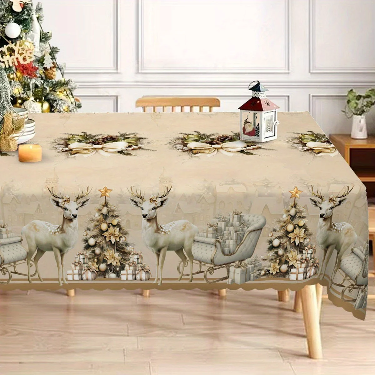 Retro Christmas tablecloth, featuring a design of Santa Claus, reindeer tree and bow tie.