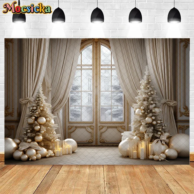 Mocsicka ฉากหลังภายในแบบวินเทจสำหรับถ่ายภาพคริสต์มาสงานปาร์ตี้ต้นไม้ของขวัญคริสต์มาสของเด็กครอบครัวฉากหลังสตูดิโอถ่ายภาพ