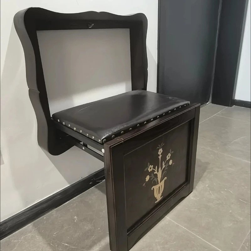 ‌Handcrafted Wooden Shoe Bench, Folding Wall-Mounted Entry Stool, Carved Leather Seat, Soft-Padded Shoe Storage Ottoman