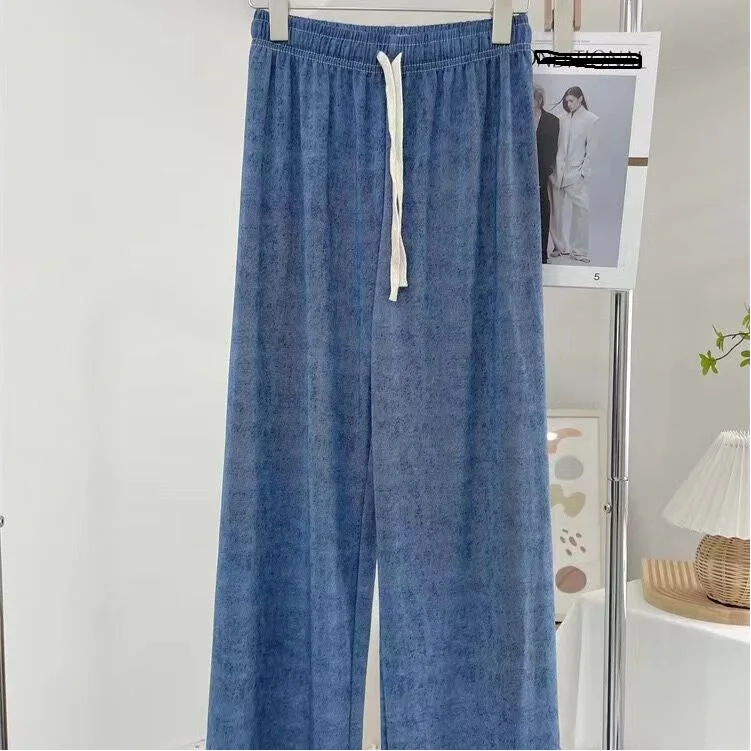 Ice Silk Imitation Denim Wide Leg Pants for Women's Summer Cool Casual Pants with Sagging High Waist and Slim Straight Leg Pants