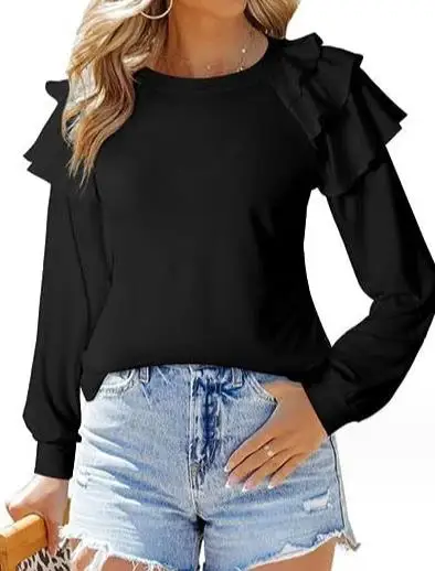 

Autumn and Winter Ruffle Edge Long Sleeve Round Neck Pullover T-Shirt Top 2023 New Hot Selling Fashion Women's Wear