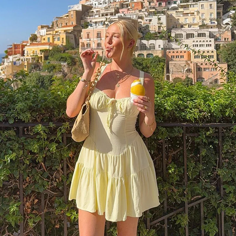 섹시한 허리 조임 레이스업 A라인 드레스 미드 웨이스트 폴리에스터 봄 시즌 무지 스커트 순색