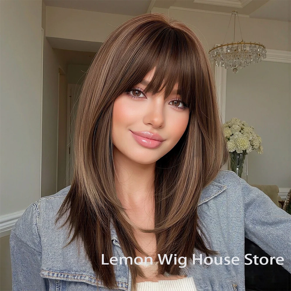 Warm Brown Synthetic Wig with Bangs Medium Long Straight Hair Natural Layered Wigs for Women Daily Party Wig Heat Resistant