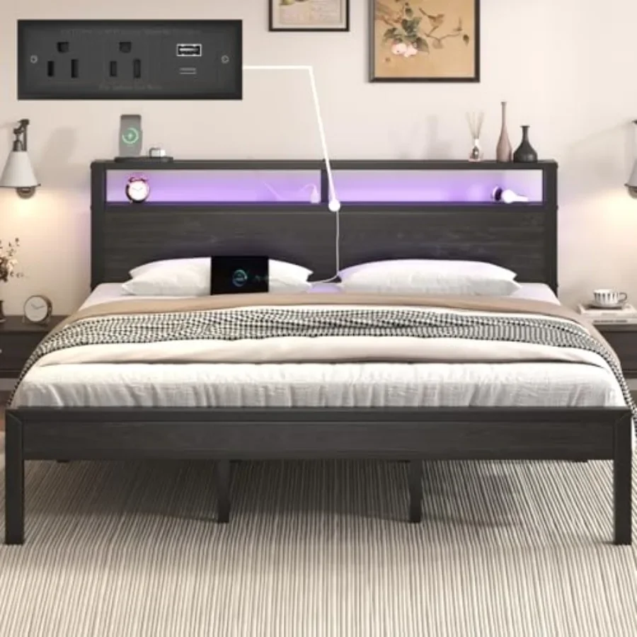 King Size Bed Frame with LED Lights and Charging Station, engineered wood, walnut finish, integrated ambient lighting and dual