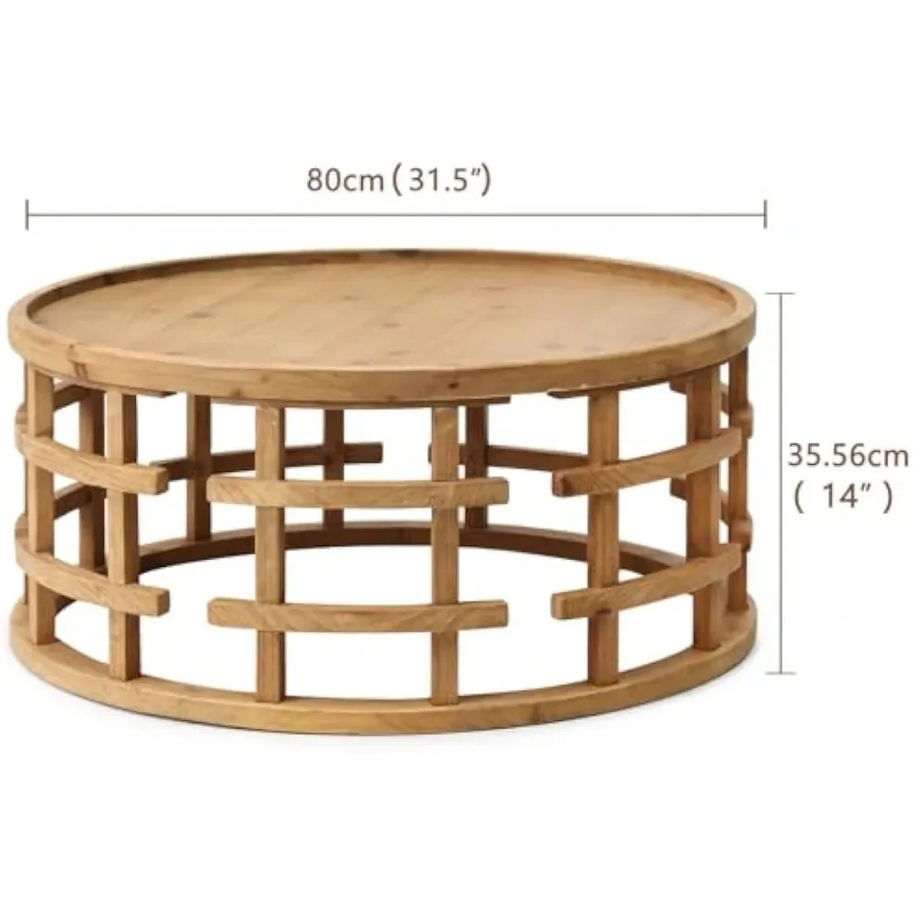 Farmhouse Round Coffee Table, French Country Sofa Tables,Rustic Solid Wood Finish w/ Openwork Pattern & Curved Base, Handcrafted