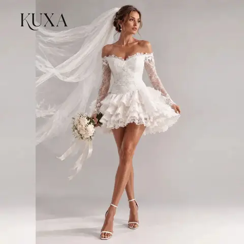 KUXA Customized Off The Shoulder Short Wedding Dresses Long Sleeves Multi Tier Ruffled Skirt Romantic Mini Bridal Gowns