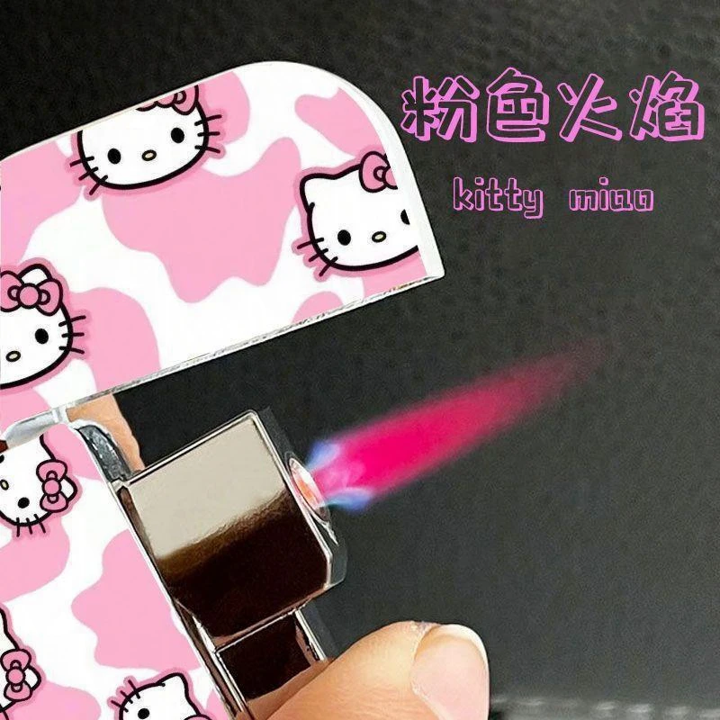 New Cute Sanrio Kawaii Hello Kitty Lighter, Pink Flame Windproof Metal Lighter, Complimentary Small Tools, Customized, Wholesale