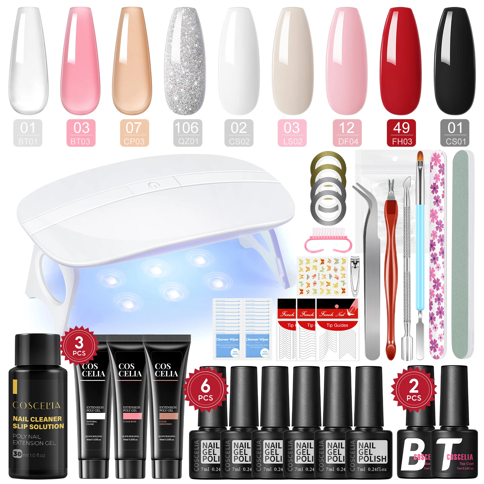 COSCELIA Kit de manicura 6 piezas Esmalte de gel 3 piezas Kit de gel de uñas de poliéster Lámpara de uñas y capa superior de base Herramientas de decoración de uñas Juego de pegatinas DIY