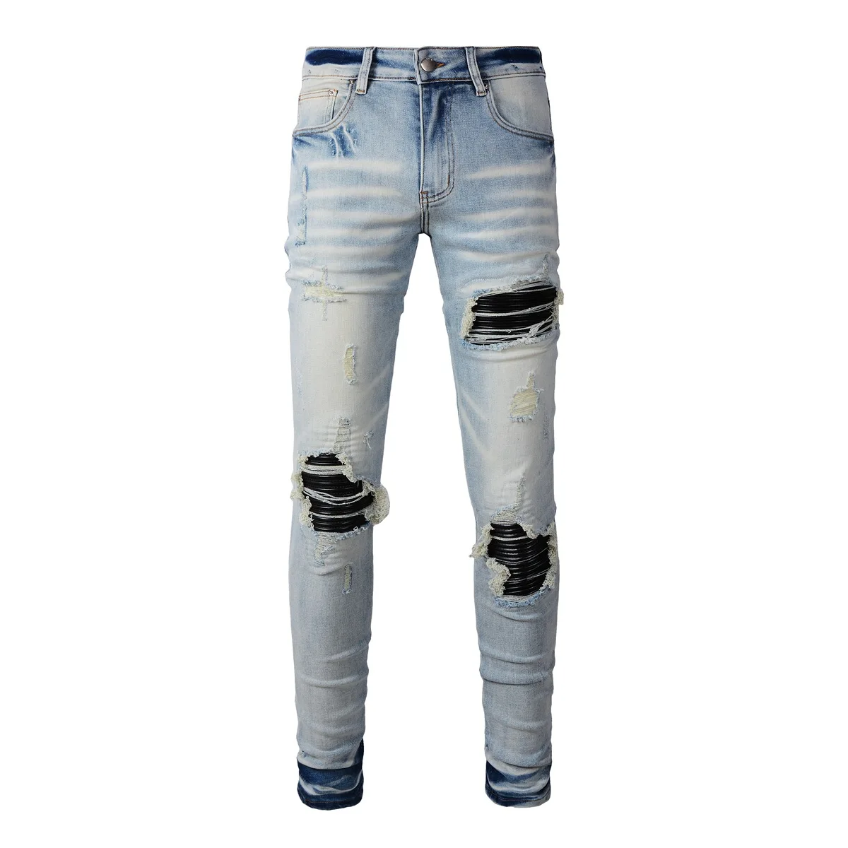 

American style high street top cashew flower with holes beggar patchwork patch black amir jeans ripped patch jeans spring pants