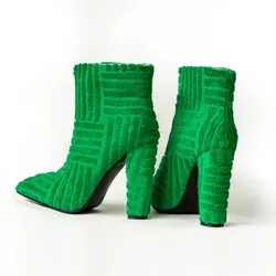 Terry Towel Furry Fabric Pointed Toe Block High Heels Sexy Office Lady Pumps Green Sky Blue Orange Ankle Stiletto Women Boots