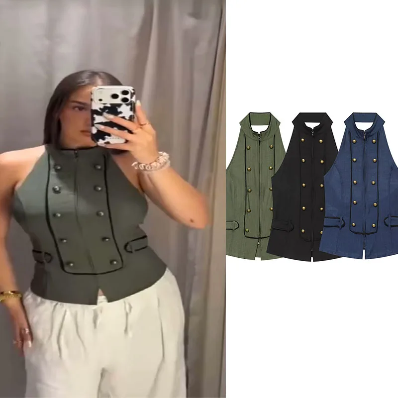 2026 New Women's Fashion Backless Halter Neck Top Double-Breasted Design Summer Fashion Party Outfit