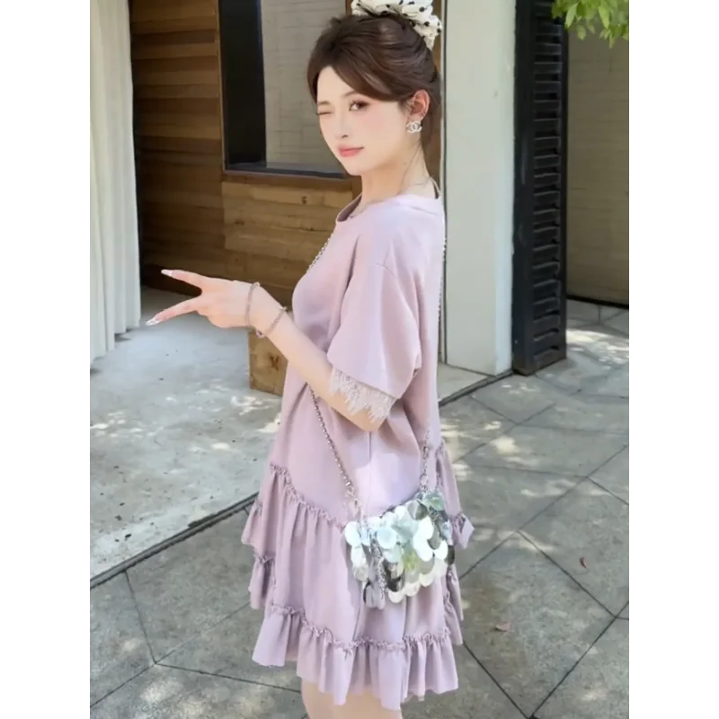 ชุดเดรสเสื้อยืดหลวมๆ ของผู้หญิง สีชมพู ชายเสื้อระบาย แขนลูกไม้ ชุดเดรสแขนสั้นลำลองสำหรับฤดูร้อน