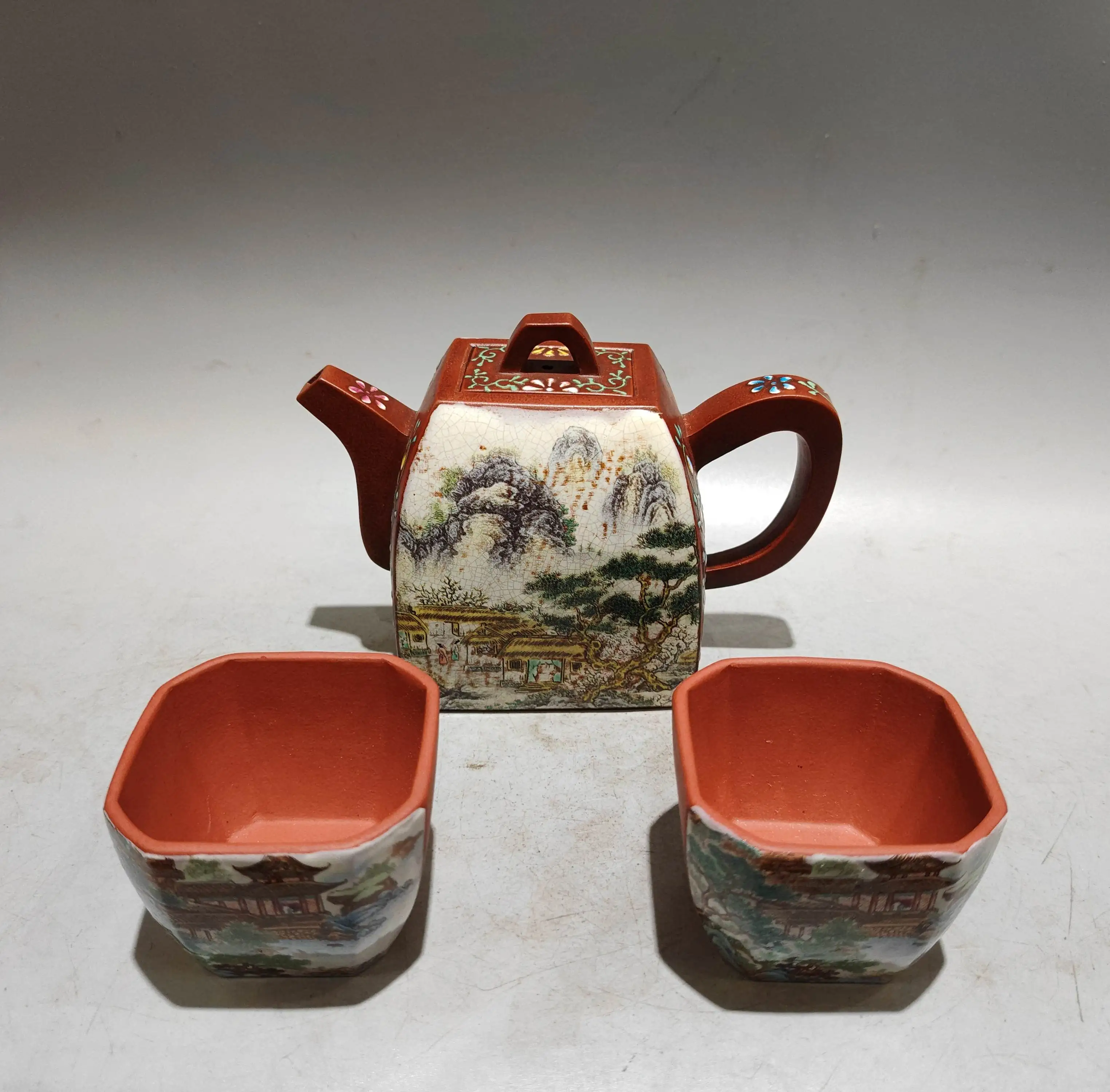Yixing Purple Clay Teapot Painted Flower landscape pattern Four sided teapot 2 cups Kettle Teapot Amass wealth Ornaments Town