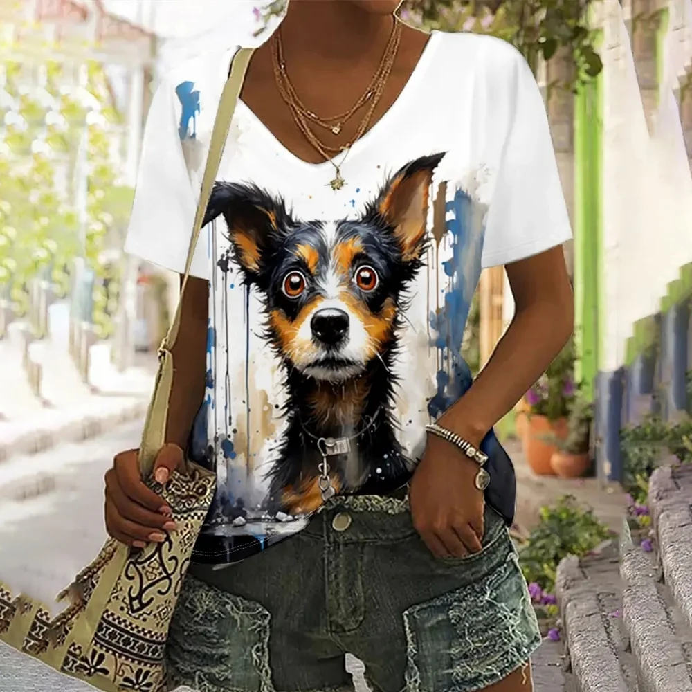 Summer Women V-Neck T-Shirts Tea Cup Cat Print Casual Pullover Loose Short Sleeves Oversized Tee Shirt Female Clothing 2024 S-4x