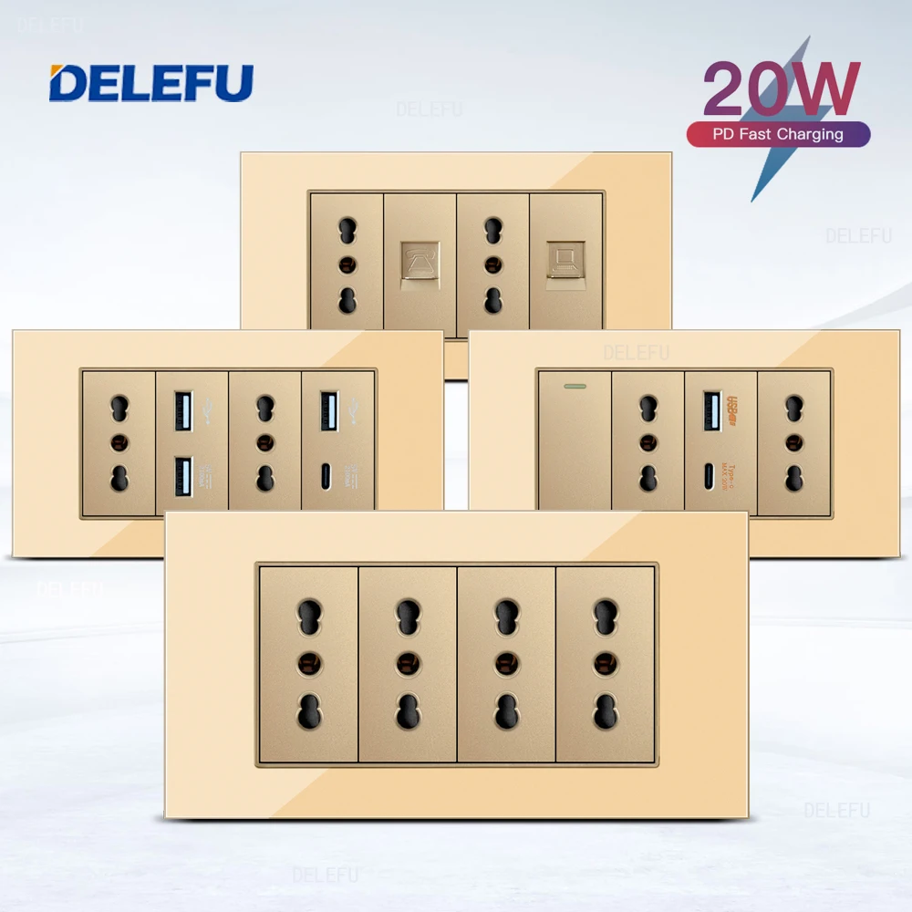 

DELEFU Glass SC70 Panel 145mm Gold Italian Standard USB C-type Fast Charging Wall Socket Switch TV Telephone CAT5 CAT6