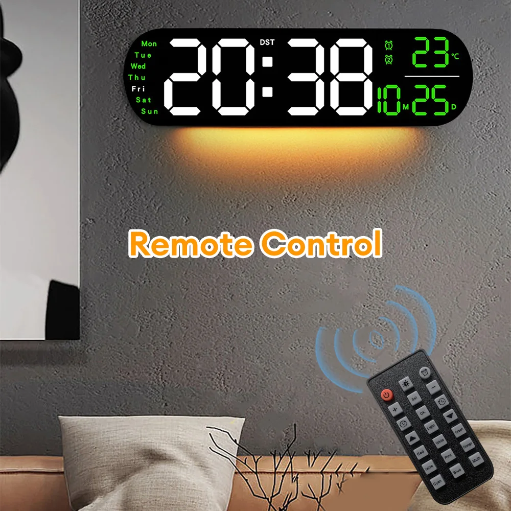 Remote Control LED Wall Clock Date Week Temperature Display Countdown Up Timing Function Alarm Clock Color Changing Wall Clock