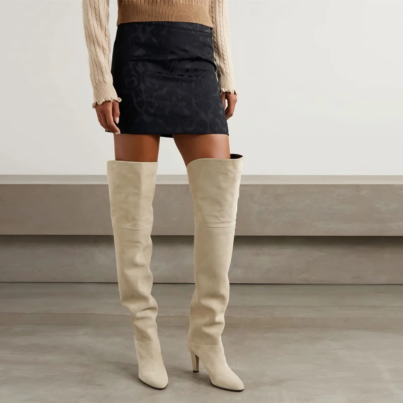 2025Autumn and Winter Women's Thick High-heeled Knee High Boots, Round Headed Cowhide Suede Fashionable Women's Plus Size Boots