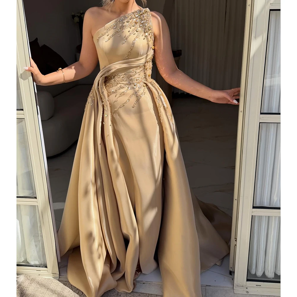 

Customized Mermaid Evening Dresses Floor-length Strapless Sleeveless Prom Gown Fashion Sequined Draped Backless Party Gown
