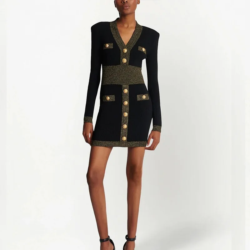 

New quality deep V-neck gold buckle shoulder shimmer edge splicing bright silk waist slimming hip wrap knit dress
