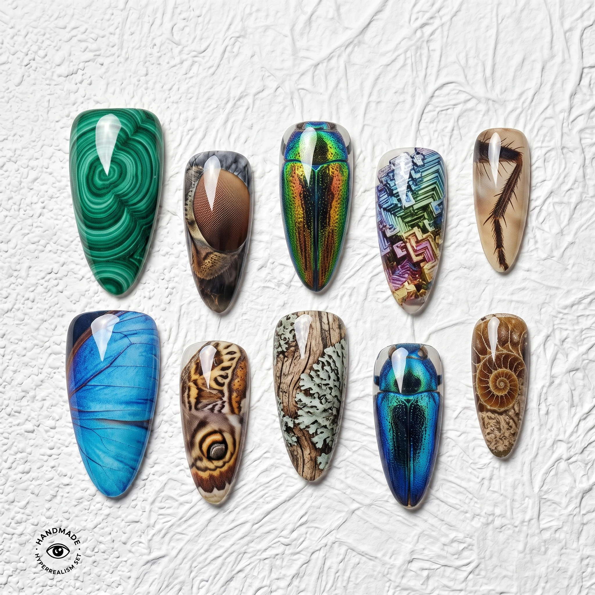 Artisan Handcrafted 10PCS Almond Press-On Nails | Hyperrealistic Natural Science Collection: Malachite, Jewel Beetles, Ammonite