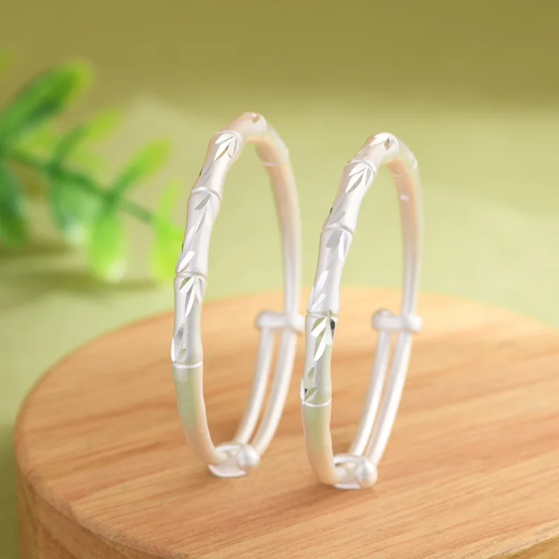 

1Pair=2PCS Glossy 999 Silver Banboo Leaf Bangle for New Born Baby Fine Silver Push-pull Adjusted Kids Bangles China Chic Jewelry